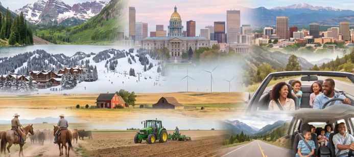 Collage of Colorado mountains, cities, agriculture, and families listening on the road